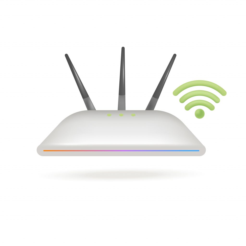 Wireless router and green Wi-Fi symbol 3D illustration. Cartoon drawing of equipment for internet access in 3D style on white background. Internet or network, communication, connection concept